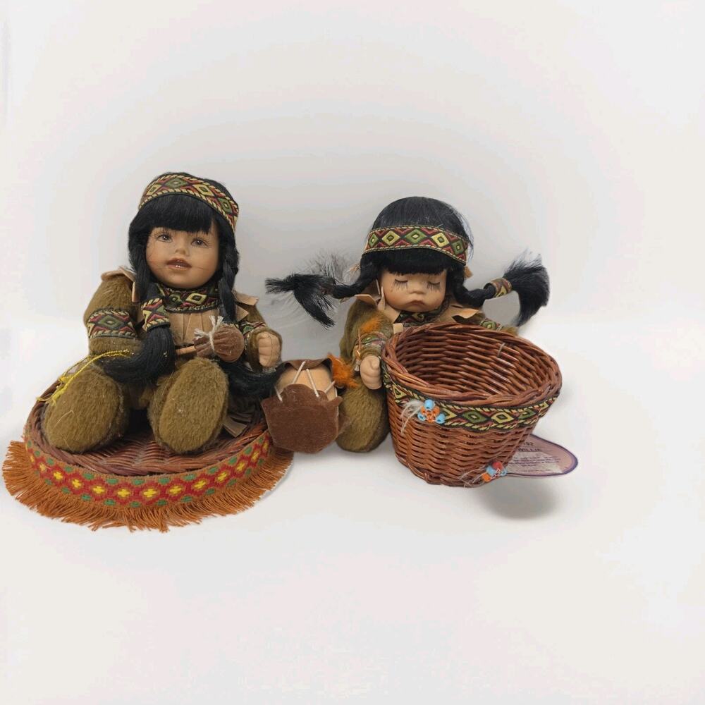 Set Of 2 Native American Style Dolls Willie with Drums and Accessories